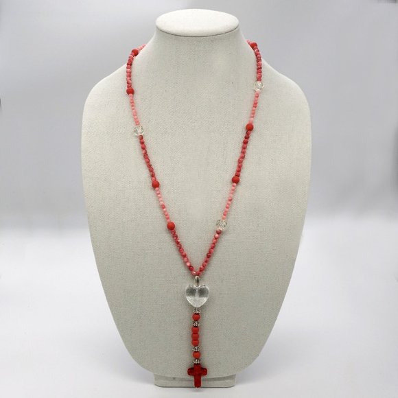 My bead Emporium. Jewelry - Necklace with Coral beads, Silver Accents and Stone Cross.